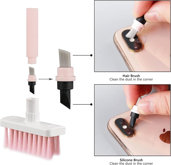 Soft Brush Keyboard Cleaner, Computer Cleaning Tool Kit, 7 in 1 Multipurpose Corner Slit Duster Keycap Puller and Soft Microfiber Brush for Bluetooth Headset Lego Airpods Laptop Camera Lens (Pink)