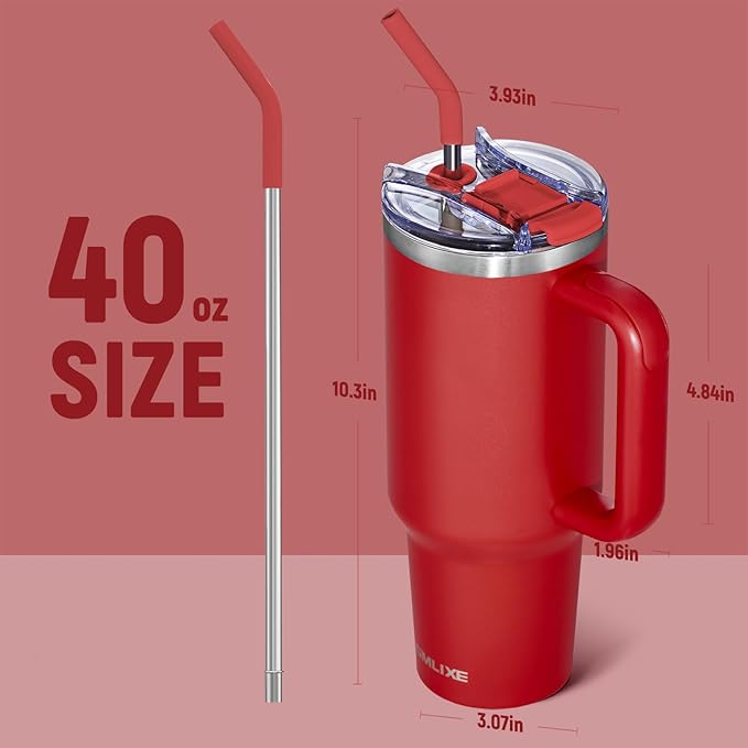 40 oz Tumbler with Handle and Straw Lid,Insulated Reusable Stainless Steel Water Bottle Travel Mug，Cupholder Friendly Double Wall Vacuum Sealed Cup (Cherry Red)