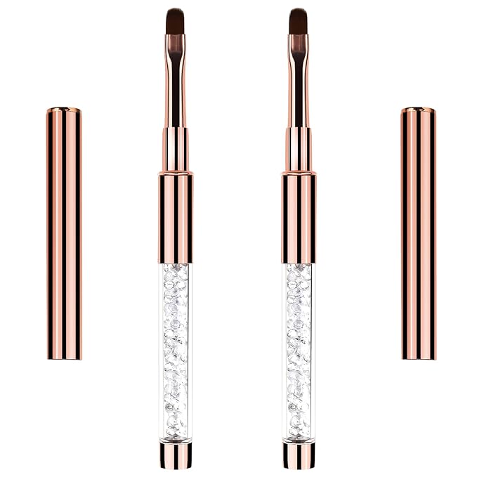 Hariendny 2Pcs Oval UV Gel Nail Brush Rhinestone Handle Nail Art Design Brushes Nail Drawing Pen Gel Brushes for Nails, rose gold