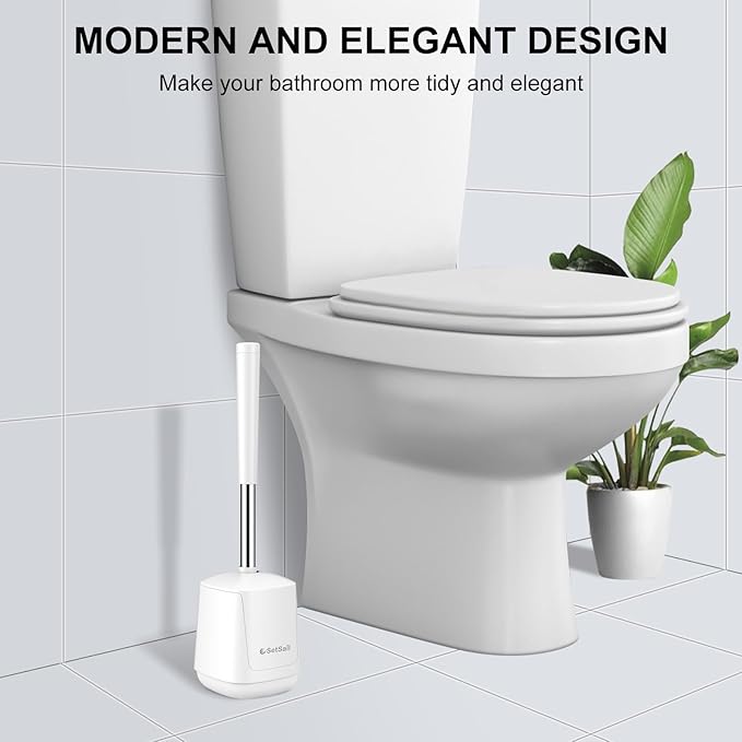 SetSail Toilet Brush 2 Pack, Self Closing Lid Toilet Bowl Brushes Holder and Extra Long Handle Ventilated Toilet Brush Set for Bathroom Cleaning, Nylon Bristles, Pure White