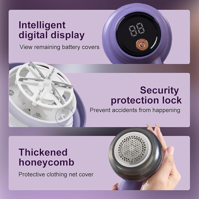 Rechargeable Fabric Shaver Fuzz Remover, 2026 Ungraded Electric Lint Remover Shaver, 3 Modes Lint Remover for Clothes, Digital LED Display to Remove Pilling for Clothes Furniture Couch (Purple)