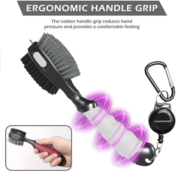 THIODOON 2 Pack Golf Club Brushes and Groove Cleaner 2 ft Retractable Zipline Carabiner Golf Brush Head with Retractable Spike Comfortable Grip Golf Club Cleaner