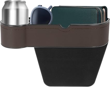 HARFINGTON Car Seat Gap Filler Organizer 10.6 x 7.1 x 2.8 Inch ABS+Leather Universal Car Organizer Storage Box Between Seat and Console (Left) with Cup Holders for Phone Keys, Brown - Cleanova