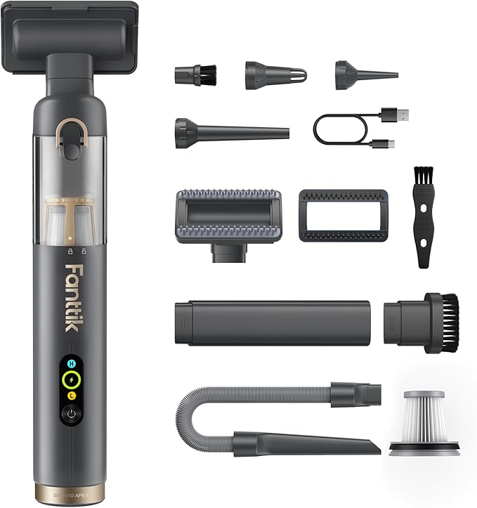 Fanttik Slim V10 APEX Cordless Car Vacuum, 4-in-1 Portable Mini Handheld Vac, 19kPa Suction Power, Upgraded Smart Digital Display, 2 Suction Modes for Small Jobs, Car, Office Desk, Keyboards (Gray)