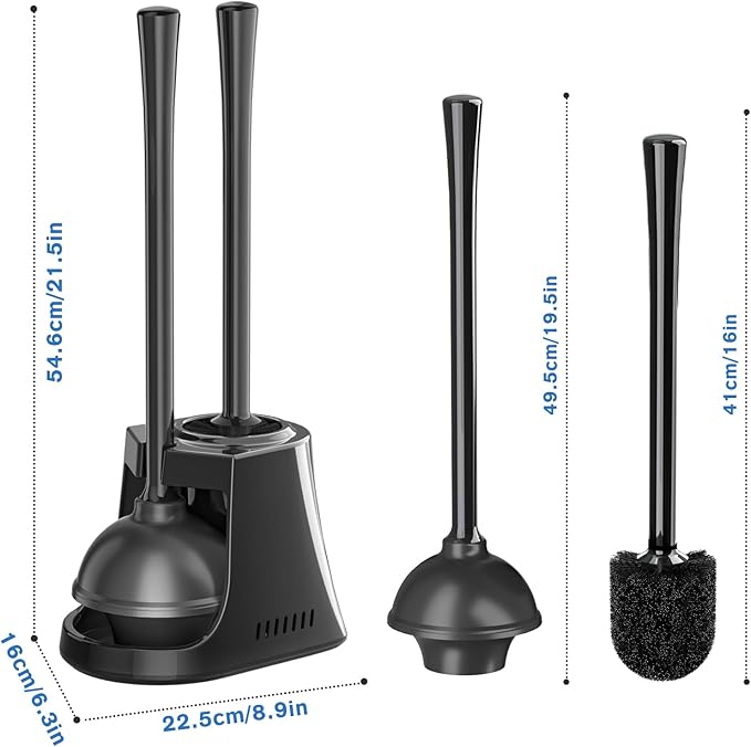 LOVLOY Toilet Plunger and Brush with Holder, Bowl Brush and Heavy Duty Toilet Plunger Set with Ventilated Holder, 2-in-1 Toilet Brush and Plunger Combo for 5.3-inch Toilet Drain New Pack (Black, 1)