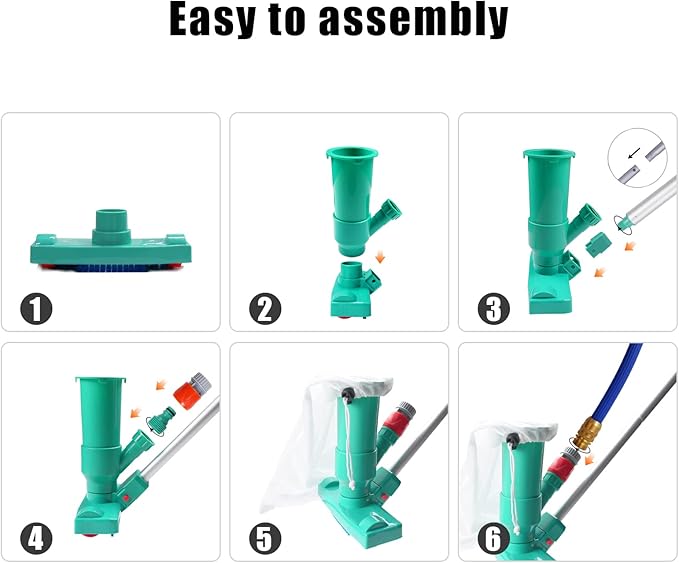 POOLWHALE Upgrades Pool Spa Pond Mini Jet Vac Vacuum Cleaner w/Brush, Bag,6 Sections Telescopic Pole of 56.5" and Handle