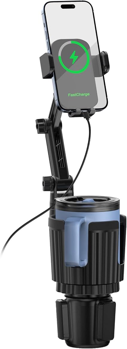 2 in 1 Auto-Clamping Cup Phone Holder for Car, 15W Fast Wireless Charging Cup Holder Phone Mount with USB-C Cable and 12