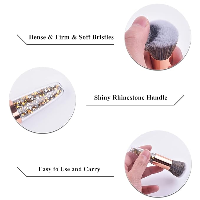 Nail Art Dust Powder Remover Brush Rhinestone Handle Nail Art Dust Cleaner Brush Professional Nail Art Tool for Acrylic Gel Nails