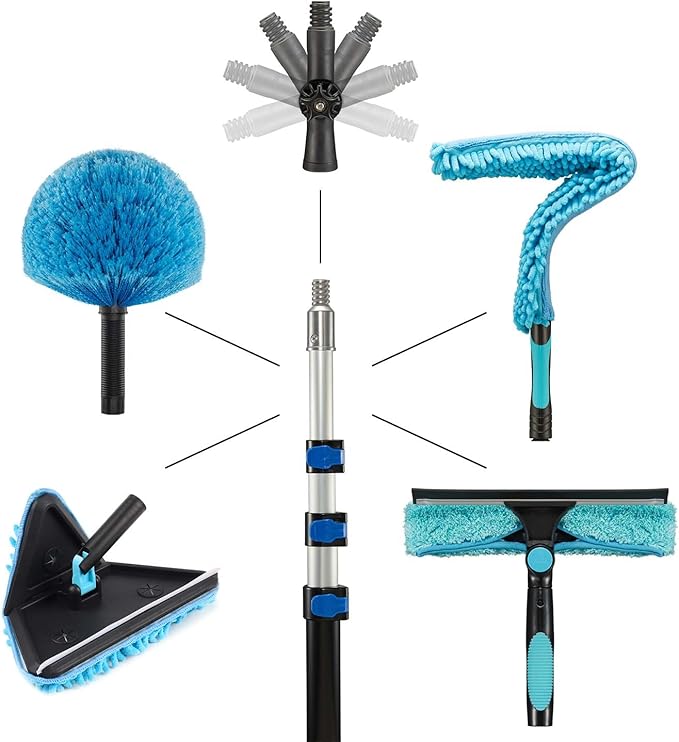 20 Foot Painted Wall Cleaner Mop with 12 Ft Heavy Duty Extension Pole, 3-in-1 High Ceiling Cleaning Tool with 4 Microfiber Chenille Pad, Cobweb Duster, Fan, Baseboard, Window Squeegee Kit (12ft)