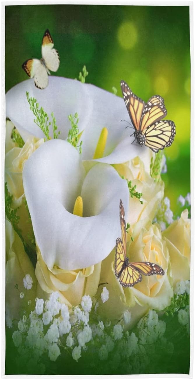 White Calla Lilies Butterfly Hand Tower Dish Towel Home Decorative Fingertips Towels for Bathroom Kitchen Spa Gym Yoga T