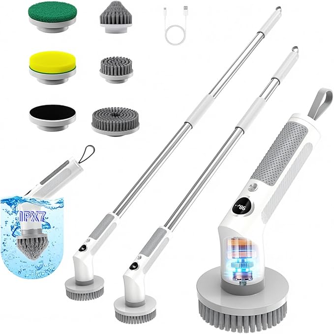 Electric Spin Scrubber, Cordless 20W High-Torque Cleaning Brush Bathroom Scrubber, IPX7 Waterproof Electric Scrubber with 6 Brush Heads, Extendable Long Handle Power Scrubber for Bathtub Floor