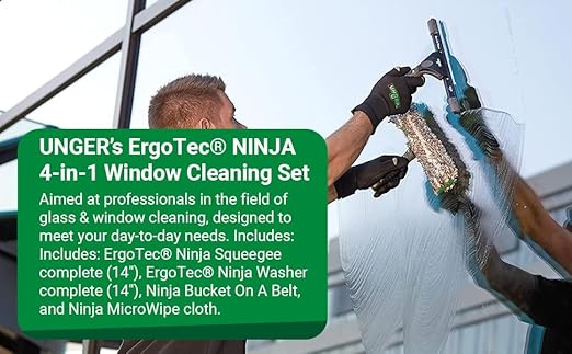 Unger Commercial ErgoTec Advanced Window Cleaning Ninja Kit 4-in-1 – Squeegee, Scrubber, Tool Holder, Microfiber Cloth – Professional Indoor/Outdoor Window Cleaning Equipment, WNK12