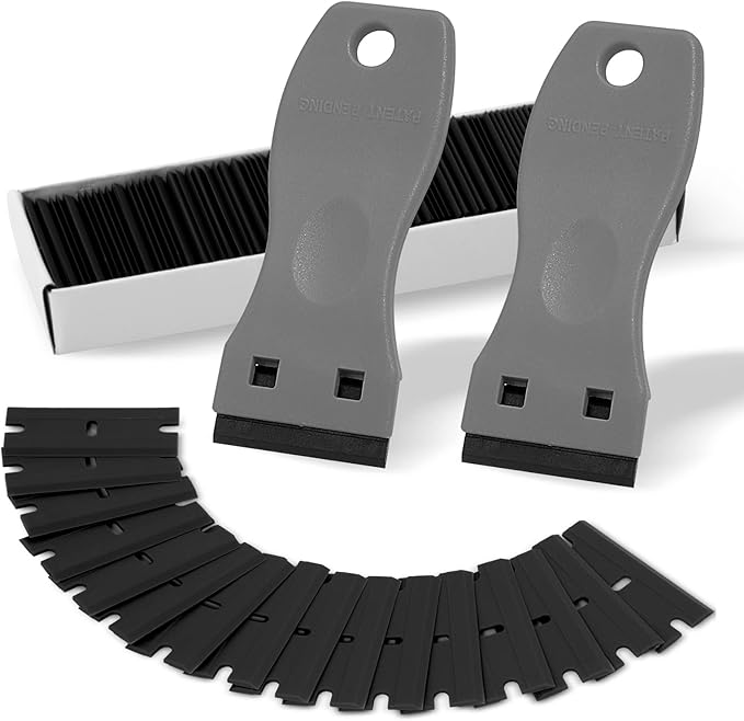 FOSHIO 2PCS Plastic Razor Blade Scraper Tool and 100PCS Plastic Blades for Gasket Remover, Sticker Remover, Labels Decal and Adhesive Remover for Windows and Glass (Grey)