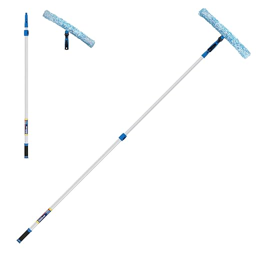 Unger Professional Connect and Clean 18” Grip Microfiber Window Scrubber with 8’ Pole, High-Access Glass Surface Household Cleaning Supplies and Tools, Reusable Microfiber Sleeve