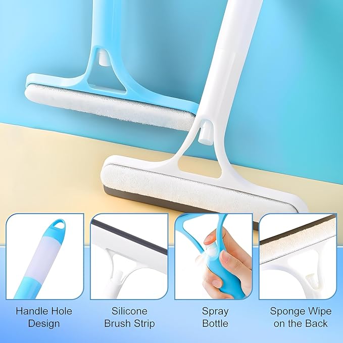 Shower Squeegee for Glass Doors, 3 in 1 Squeegee for Shower Glass with Spray, Scrubber and Shower Squeegee for Glass Doors, Mirrors, Car and Home, All-Purpose Window Cleaner Tool (Blue)