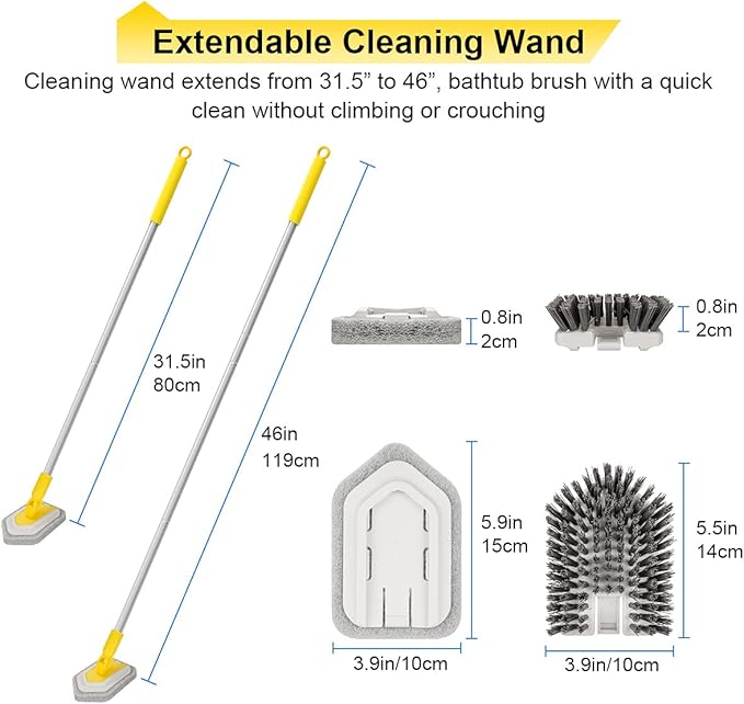 Lalafancy Shower Cleaning Brush with Locking Head, 3 in 1 Tub Tile Scrubber Brush with 50'' Extendable Long Handle Stiff Bristles Scouring Pads Microfiber for Cleaning Bathtub Shower Wall Bathroom