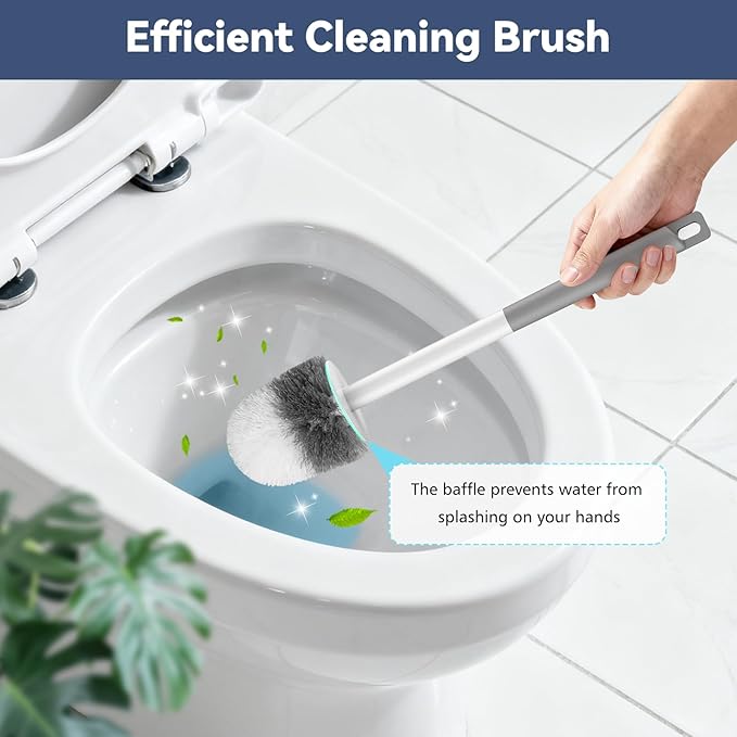 Toilet Brush, 2 Pack Compact Toilet Bowl Brush and Holder Set with Nylon Bristles Toilet Cleaner Brush Hidden Toilet Scrubber Brush for Bathroom Cleaning, Grey & White