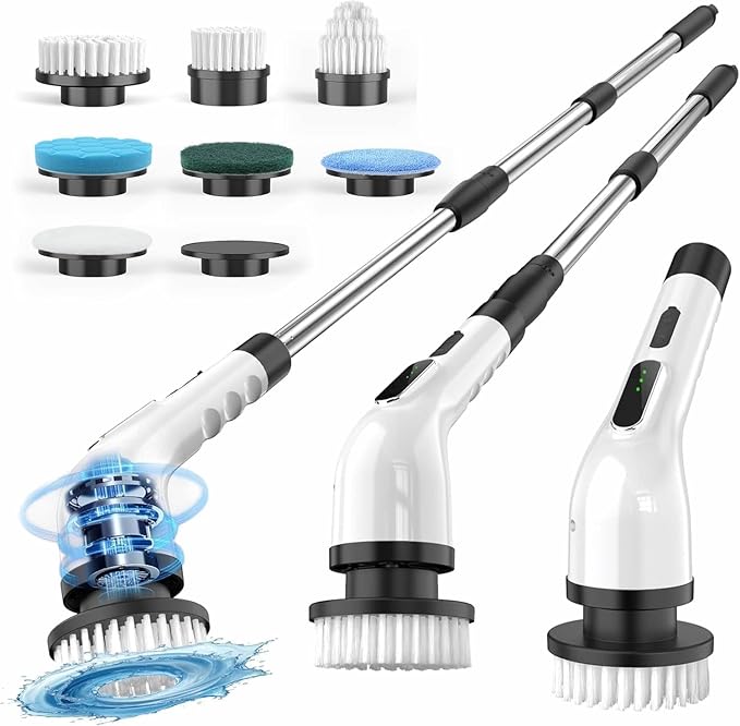 Electric Spin Scrubber, Cordless Cleaning Brush Scrubber for Home, 8 Replaceable Brush Heads, 3 Adjustable Size, 2 Speeds for Bathroom Shower Bathtub Glass Car, Gift for Holidays Birthday