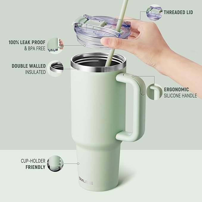 40 oz Tumbler with Handle and Straw Lid,Insulated Reusable Stainless Steel Water Bottle Travel Mug，Cupholder Friendly Double Wall Vacuum Sealed Cup (Light Green)