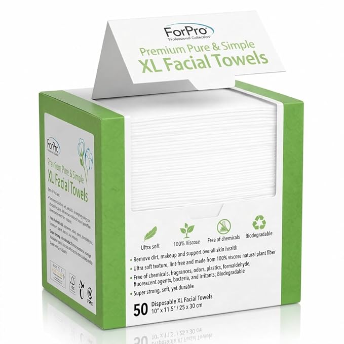 ForPro Disposable Face Towels for Sensitive Skin, XL Dry Wipes Makeup Remover, Ultra Soft Lint-Free Viscose Face Cloths, Chemical-Free Biodegradable Facial Towelettes, Vegan & Cruelty-Free, 50-Count