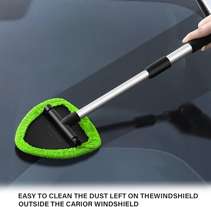 Windshield Cleaning Tool, Car Window Cleaner with 4 Washable Reusable Microfiber Pads, Extendable Long Handle Glass Wiper Cleaning Kit, Auto Accessories Universal for Office and Home (Green)