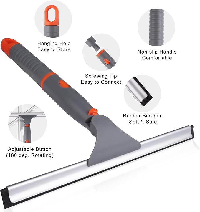 All Purpose 10 inch Shower Squeegee with 2pcs Rubber Wiper Blade Window Squeegee Soft Safe to Clean Shower Door Bathroom Car Windshield Glass Mirrors