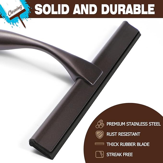 NETANY Shower Squeegee, 12-Inch Bronze Squeegee, All-Purpose Stainless Steel Squeegee for Bathroom, Shower Doors, Mirrors, Tiles and Car Windows - 100% Streak Free