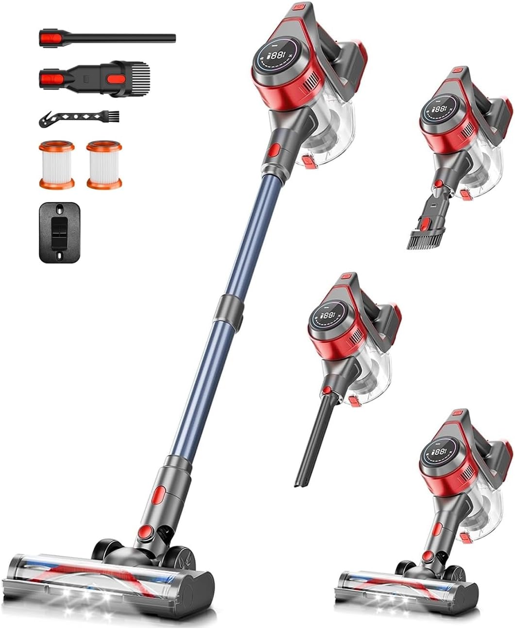 Cordless Vacuum Cleaner for Home - Powerful, 40Kpa Stick Vacuums Lightweight with Detachable Battery Display, Max 45Mins Runtime, 8 in 1 Handheld Vacuum for Hardfloor & Carpets Pet Hair, Red