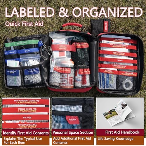 Upgrade - Comprehensive First Aid Kit with Labelled Compartments, Molle System Emergency Kits for Car,Home,Hiking, Backpacking, Camping, Traveling, and Cycling