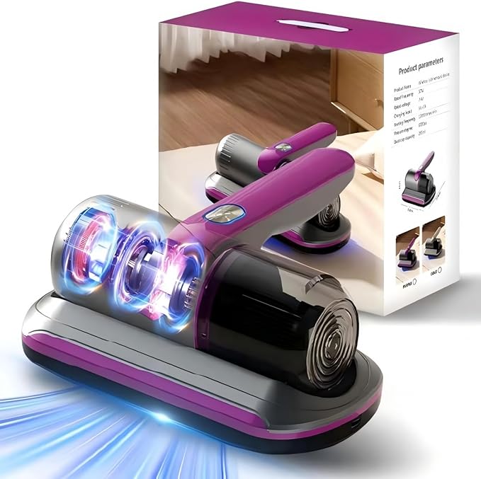 PATO Mattress Vacuum Cleaner, Wireless Handheld Bed Vacuum Cleaner with Cleaning Light, HEPA Filter and Ultrasonic Vibration, 12KPa, Suitable for Beds, Sofas, Car Seats, Carpets (Purple)
