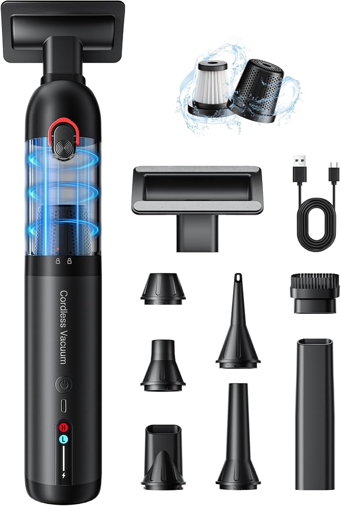 Cordless Car Vacuum XJ02, 21KPa Portable Handheld Car Vacuum Cleaner, Pre-Filter & HEPA Filter System, 7800mAh Battery, Mini Vacuum with Multi Nozzles for Car, Home, Office, Pet Hair Cleaning - Cleanova