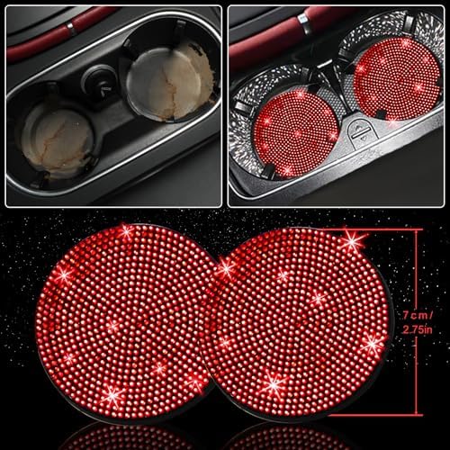 27 PCs Red Bling Car Accessories Set for Women, Steering Wheel Covers Universal Fit 15 Inch, Bling License Plate Frame, Bling Phone Holder, Bling Car Coasters (Red Diamond)