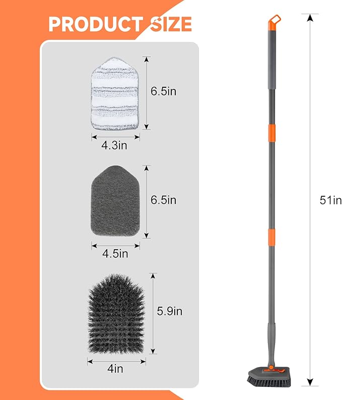 nacena Shower Scrubber with Long Handle, 3 in 1 Tile Tub Scrubber Brush with 3 Detachable Cleaning Heads Adjustable Handle Shower Cleaner Brush for Bathroom, Kitchen, Toilet, Wall, Sink, Grey Orange