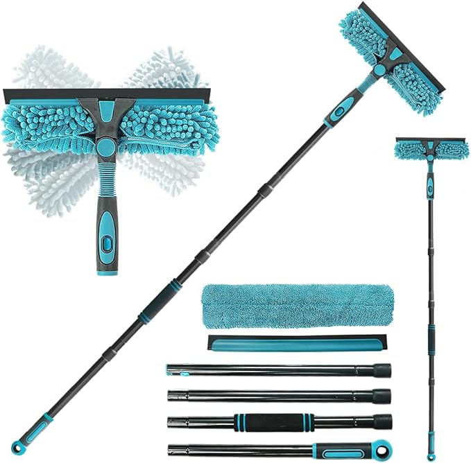 62" Window Squeegee, 2 in 1 Window Cleaning Tool with Telescopic Pole, Rotatable and Bendable Head for High Windows Indoor Outdoor, Includes 2 Blades & 2 Pads (Microfiber+Pads)