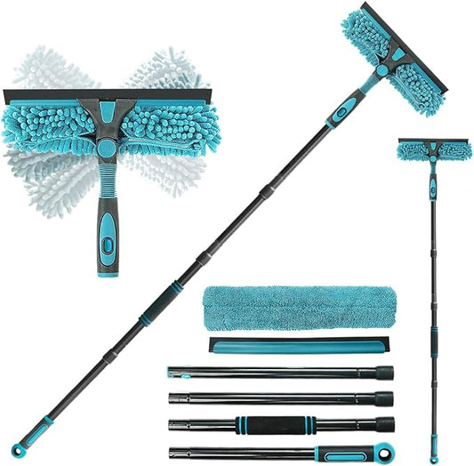62" Window Squeegee, 2 in 1 Window Cleaning Tool with Telescopic Pole, Rotatable and Bendable Head for High Windows Indoor Outdoor, Includes 2 Blades & 2 Pads (Microfiber+Pads)