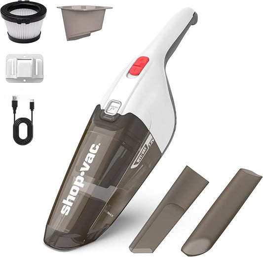 Shop-Vac Wet/Dry Handheld Vacuum Cordless, Powerful Portable Car Vacuum Rechargeable, Wall-Mounted Hand Vac with Crevice Tool, Lightweight Hand Vacuum for Home & Car, Washable Filter, White