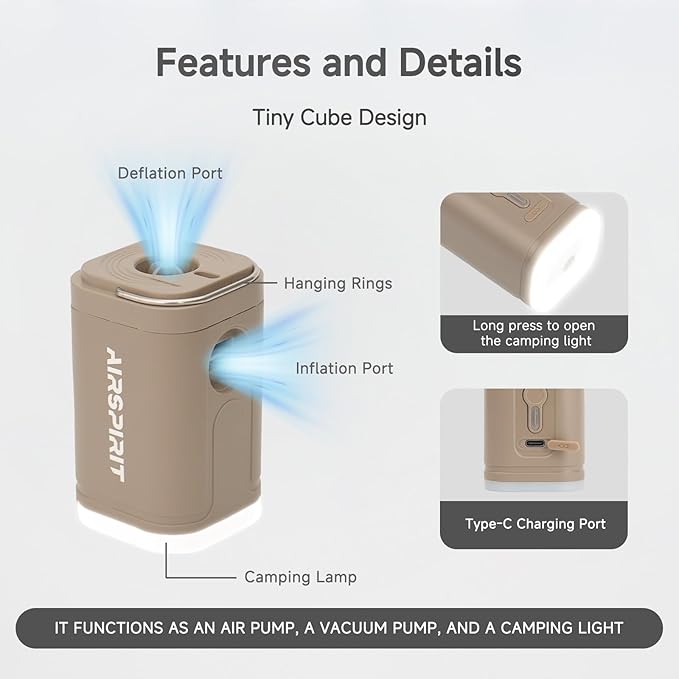 Portable Electric Mini Air Pump for Inflatables-Camping (SOS) Light,5 Universal Nozzles,Carabiner Clip,1200mAh Rechargeable-Fast Inflate/Deflate Pool Float/Air Mattress Bed/Vacuum Bag Home Storage
