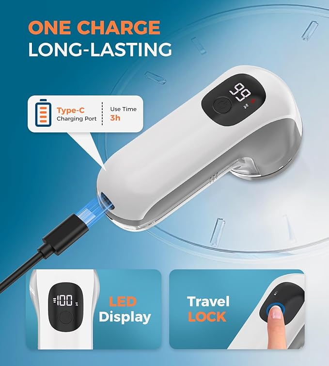 BEAUTURAL Fabric Shaver, Rechargeable Lint Remover, Electric Portable Sweater Defuzzer with 3 Speeds, 6 Leaf Blades, Digital LED Display, Remove Pilling for Clothes, Furniture, Sweater, Couch, Blanket