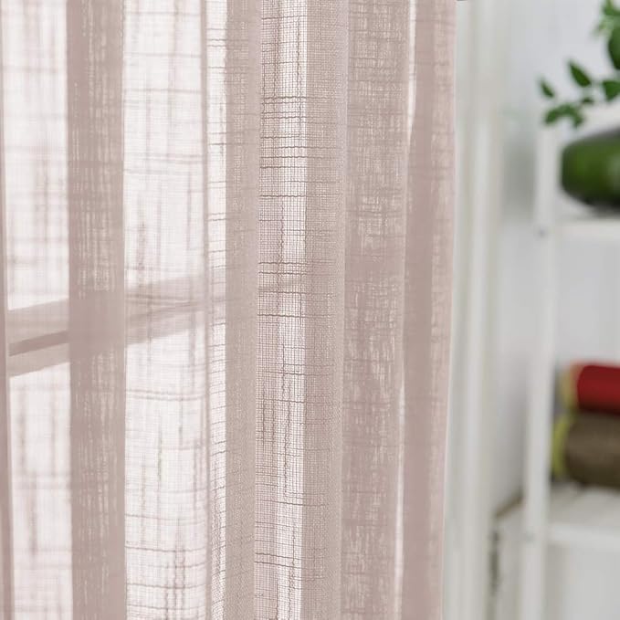 jinchan Linen French Door Curtain with Open Weave Door Curtain 40 Inches Long Drape Rod Pocket 1 Panel Light-Filtering Privacy Window Decor 1 Tieback Included Taupe Semi-Sheer