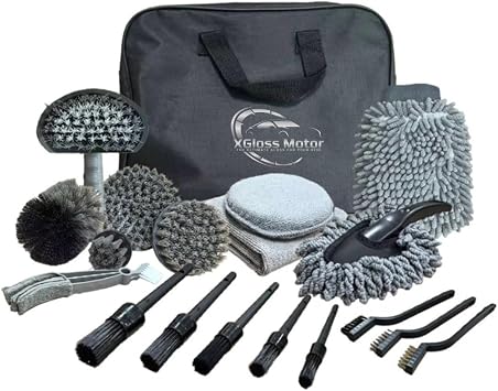 XGloss Motor™ 19-Piece Car Detailing Brush & Cleaning Kit – Drill Brush Set, Detail Brushes, Wheel Brushes, Wash Mitt, T