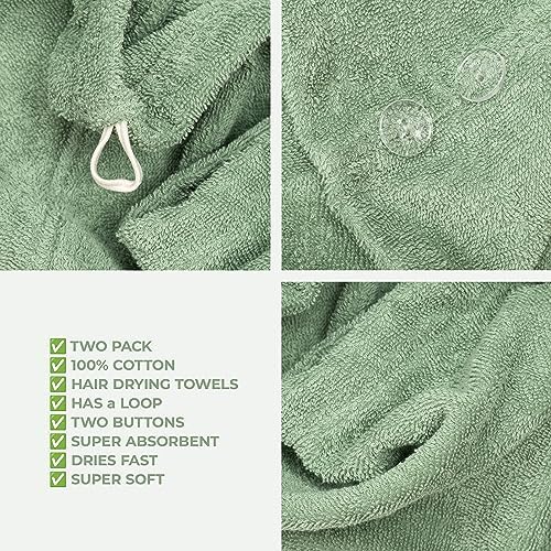 100% Cotton Hair Towels for Women, Head Towel Cap, Cotton Hair Turban Towel Wrap for Long Curly Anti Frizz Hair, Soft and Absorbent Cotton Hair Towels 2 Pack, Sage Green