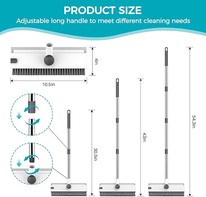 SetSail Floor Scrub Brush, 3 in 1 Floor Scrub Brush with 54-in Adjustable Long Handle and Scraper Heavy Duty Stiff Bristle Floor Scrubber for Cleaning Shower Bathroom Kitchen Patio Garage, Grey&White