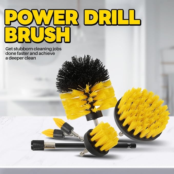 6Pcs Drill Brush Cleaning Kit with Extendable Rod, Yellow Power Scrubber Attachments for Shower, Tub, Tile, Grout, Kitchen and Car (Yellow-6pcs)