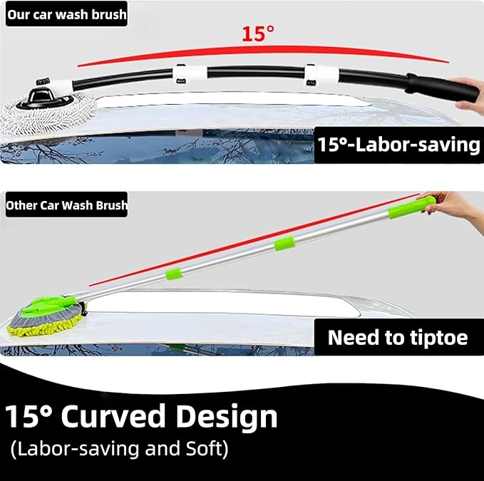 WillingHeart 15° Curved Car Wash Brush with Long Handle 43" Microfiber Cleaning Mop Telescopic Extension Pole for Caravan RV Truck Auto SUV Wheel Boat Exterior 2 in1 Carwash Duster Scratch Free, White