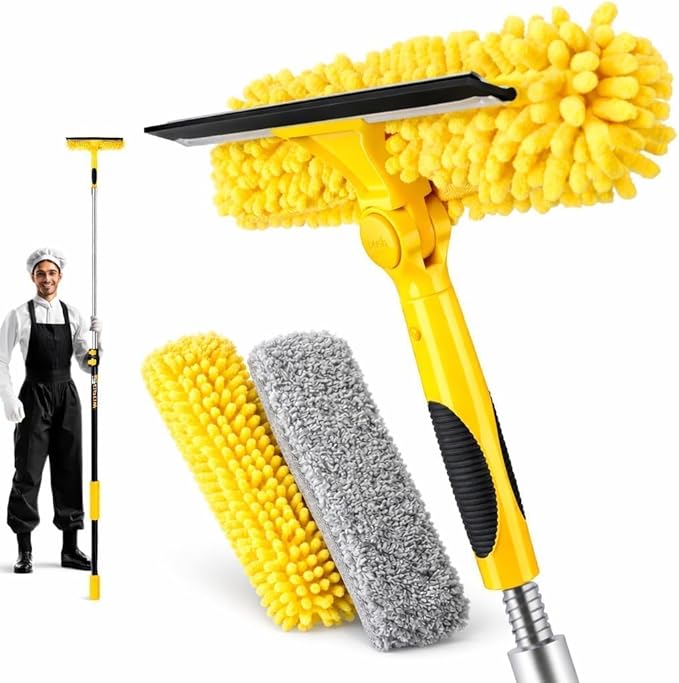 18ft Squeegee Window Cleaner with Extension Pole,2 in 1 Window Cleaning Tool with 3-Stage Telescopic Pole & Rotatable Head,Window Washing Equipment for Solar Panel, RV, Indoor/Outdoor Window,Car Glass
