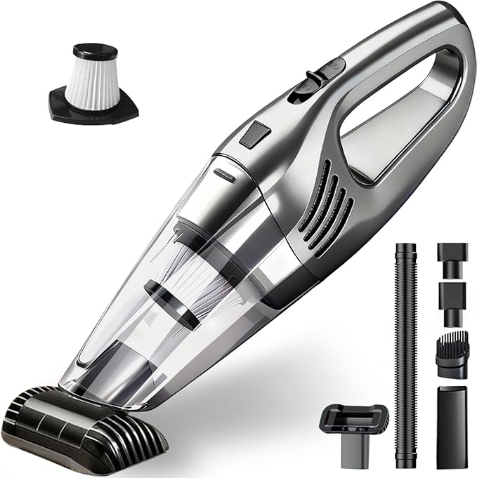 Car Vacuum Portable Cordless – 12000PA Strong Suction, Lightweight & Rechargeable – Includes Multi-Nozzle Attachments for Car, Home, Office, and Pet Hair – Compact & Powerful Grey Vacuum