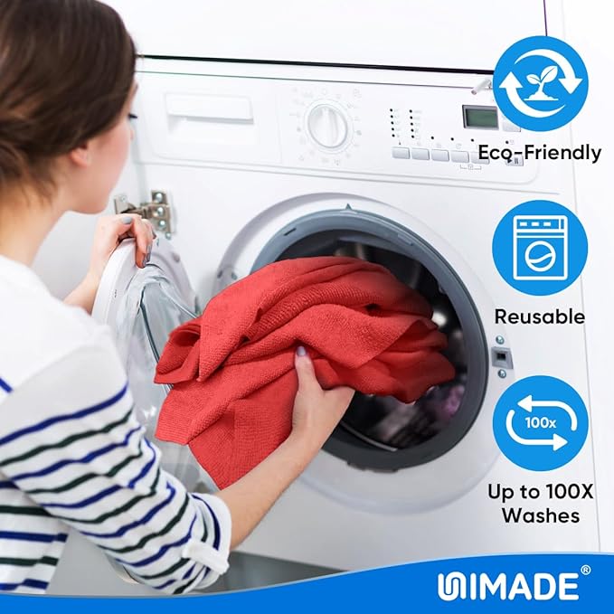 UNIMADE Shop Towels Rags, 150 Pack Reusable Shop Rags Bulk Microfiber Cleaning Cloth Lint Free Cleaning Towels for Car Kitchen Automotive Bar Mechanic Restaurant Garage, 11.5"x 11.5", Red