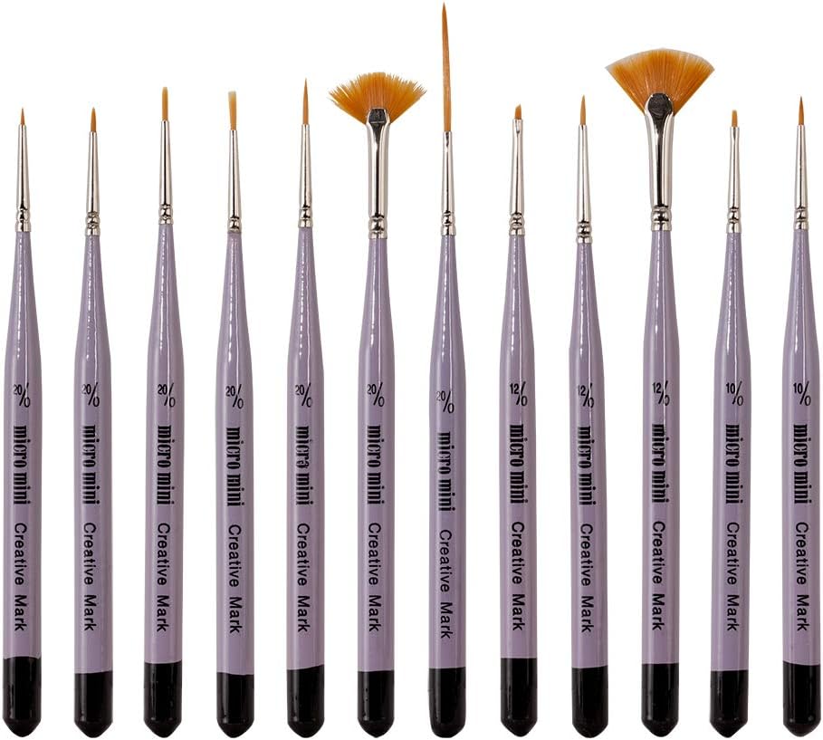Micro Mini Fine Detail Paint Brush Set of 12 Pieces, Small Short Handle Taklon Bristles for Detailing, Paint by Number Art, Models & Nails