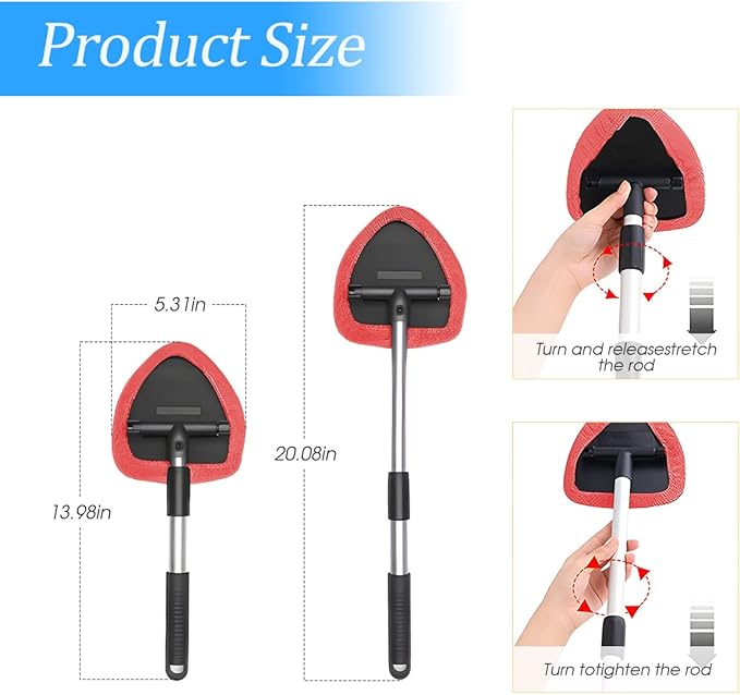 Windshield Cleaning Tool, Car Window Cleaner with Extendable Long Handle and 4 Washable Reusable Microfiber Pads, Auto Interior Exterior Glass Wiper Cleaning Kit Universal for Office and Home (Red)