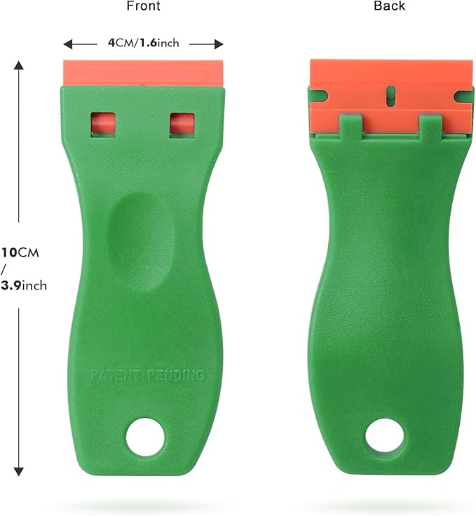 FOSHIO 2PCS Green Plastic Razor Sticker Remover Paint Scrapers with Contoured Grip + 100 PCS 1.5 inch Refillable Double Edge Plastic Razor Blades for Cleaning Adhesive Vinyl Decals Stickers Labels